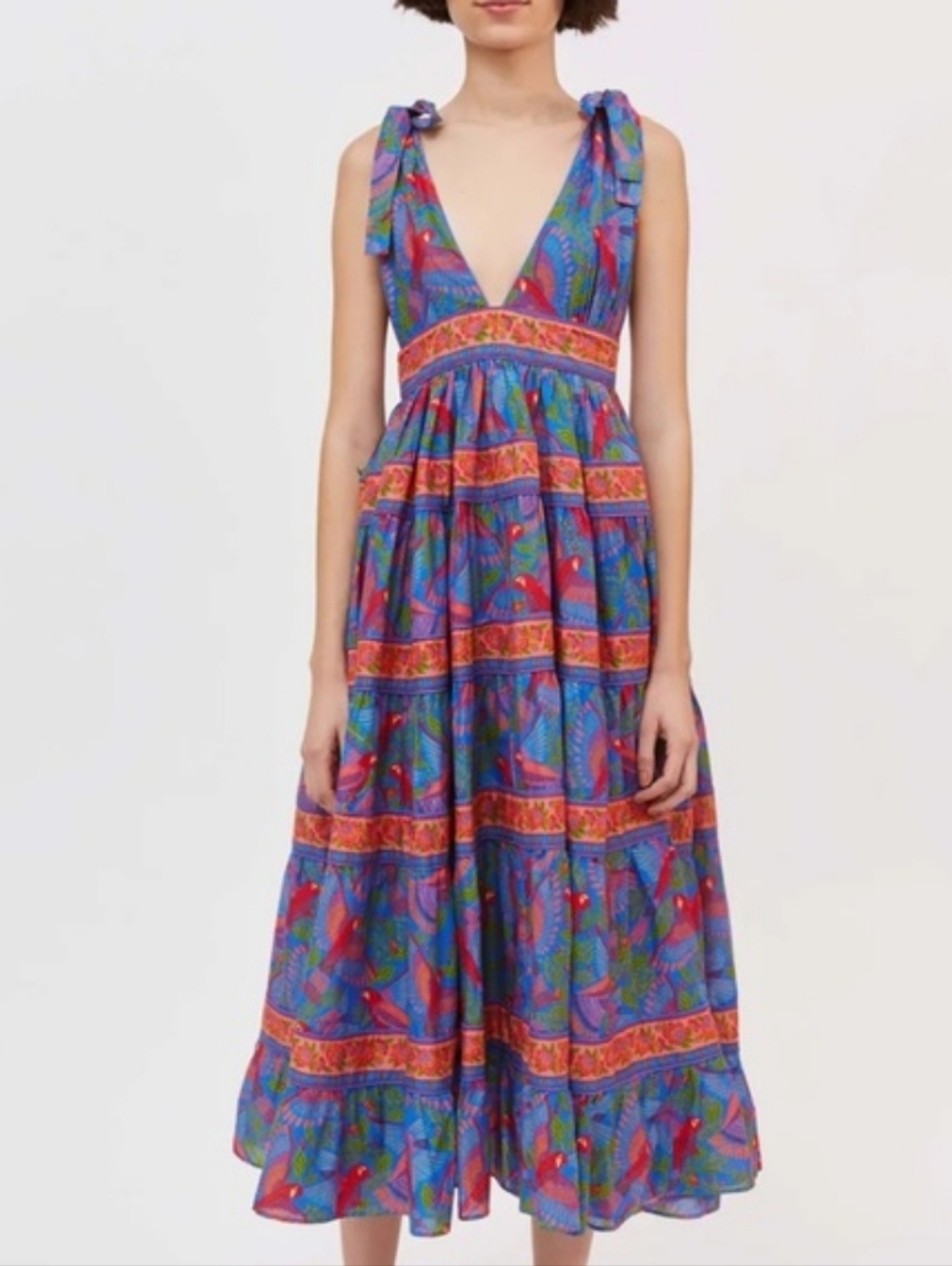 Farm Rio Blue Macaw Tie Shoulder Tiered Midi Dress - Picture 10 of 12
